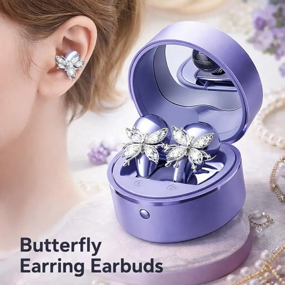 Clip-On Open Ear Earbuds with Detachable Sparkle Butterfly Earrings, Earrings-On Storage Case, Bluetooth 6.0 Wireless Headphones