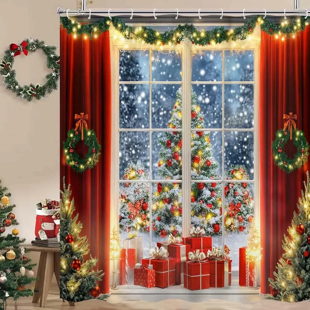 Tenda da doccia invernale per fattoria natalizia, scena rustica per finestra, albero di Natale glitterato, decorazioni per vasche da bagno, doccia in tessuto