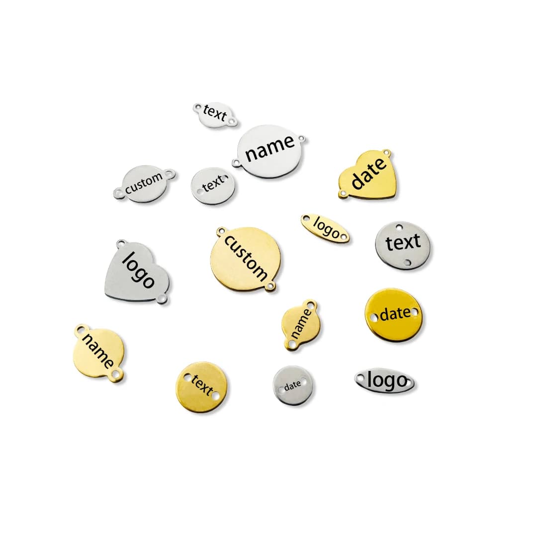 20/50 pcs Custom Logo Engraved Laser 2 holes Pendants And Round Pendants 8mm 10mm 12mm 15mm Stainless Steel Oval Tag Heart Pendants And Connector Pendants