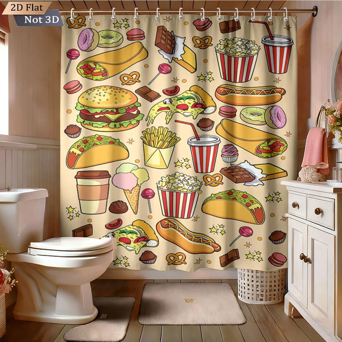 Set da Bagno Gourmet Stampato 4 Pezzi 180x180 Tenda Doccia Impermeabile Tappetino Pavimento a U Tappetino per WC