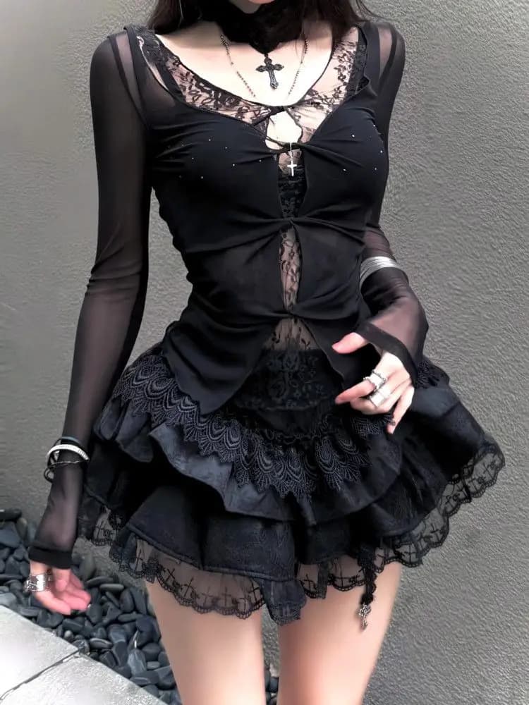 Sub-culture Gothic Suit Spice Girl Fashion Fake Two-piece Micro-transparent Top Lace Spliced Cake Skirt 2-piece Set Women New
