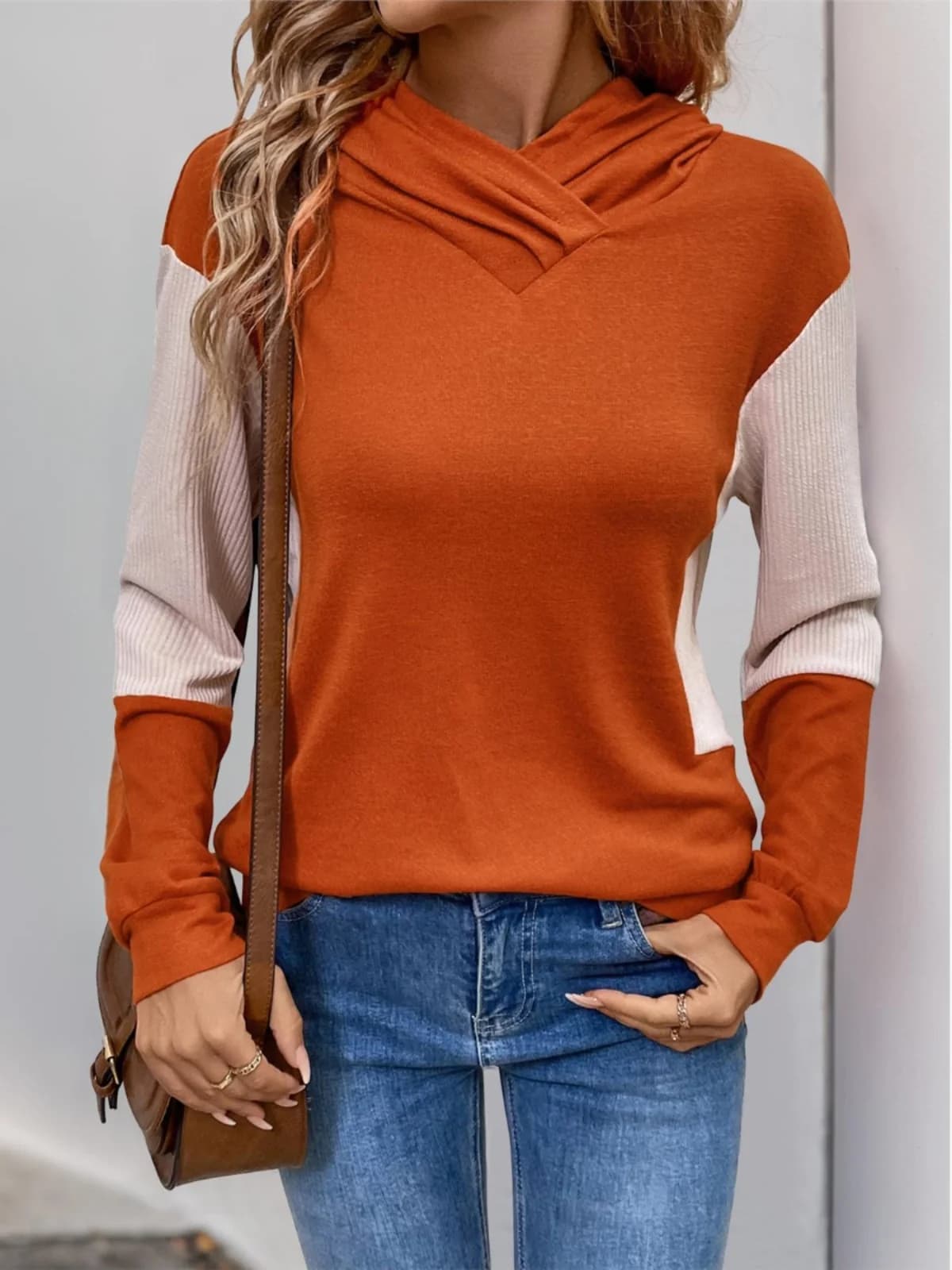 Color Matching Knitted Sweater Cross-Border Long Sleeve Hoodie Regular Length Commute Style Fashionable Color Block Design