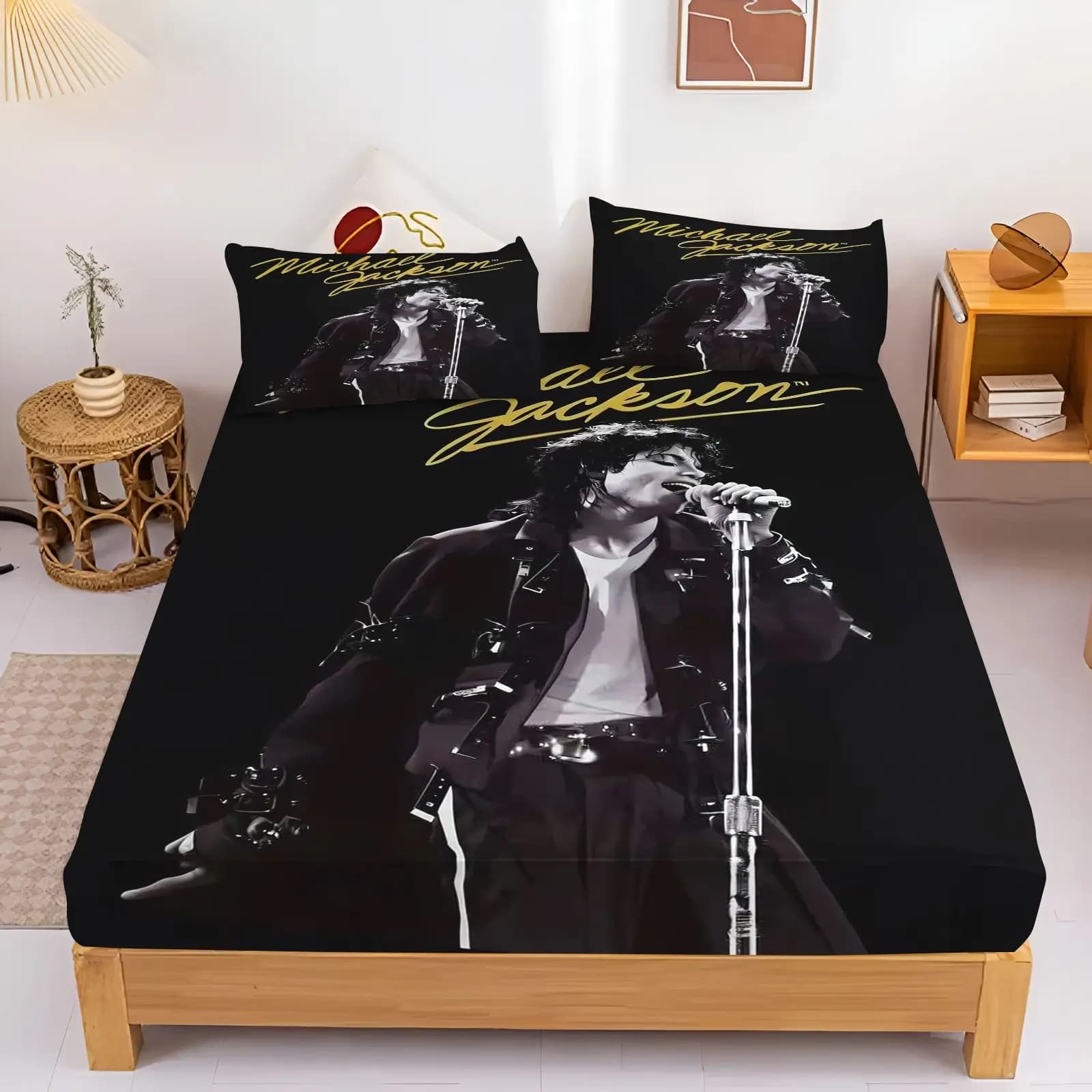 Michael Jackson Bed Fitted Sheet Set 3Pcs Rock Star Bedding Set Black Printed Fitted Bed Sheet with Pillowcases Fan Bedroom