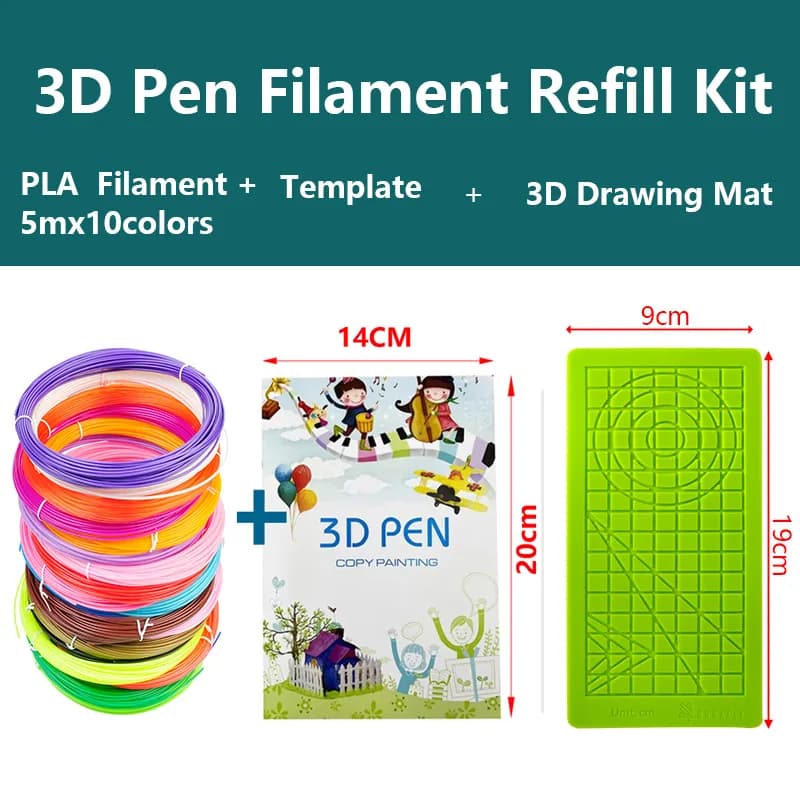 3D Pen Charging Kit, 50m PLA Multicolor with 3D Drawing Mat and Stencil, Complete Set of 3D Pen Accessories for Children