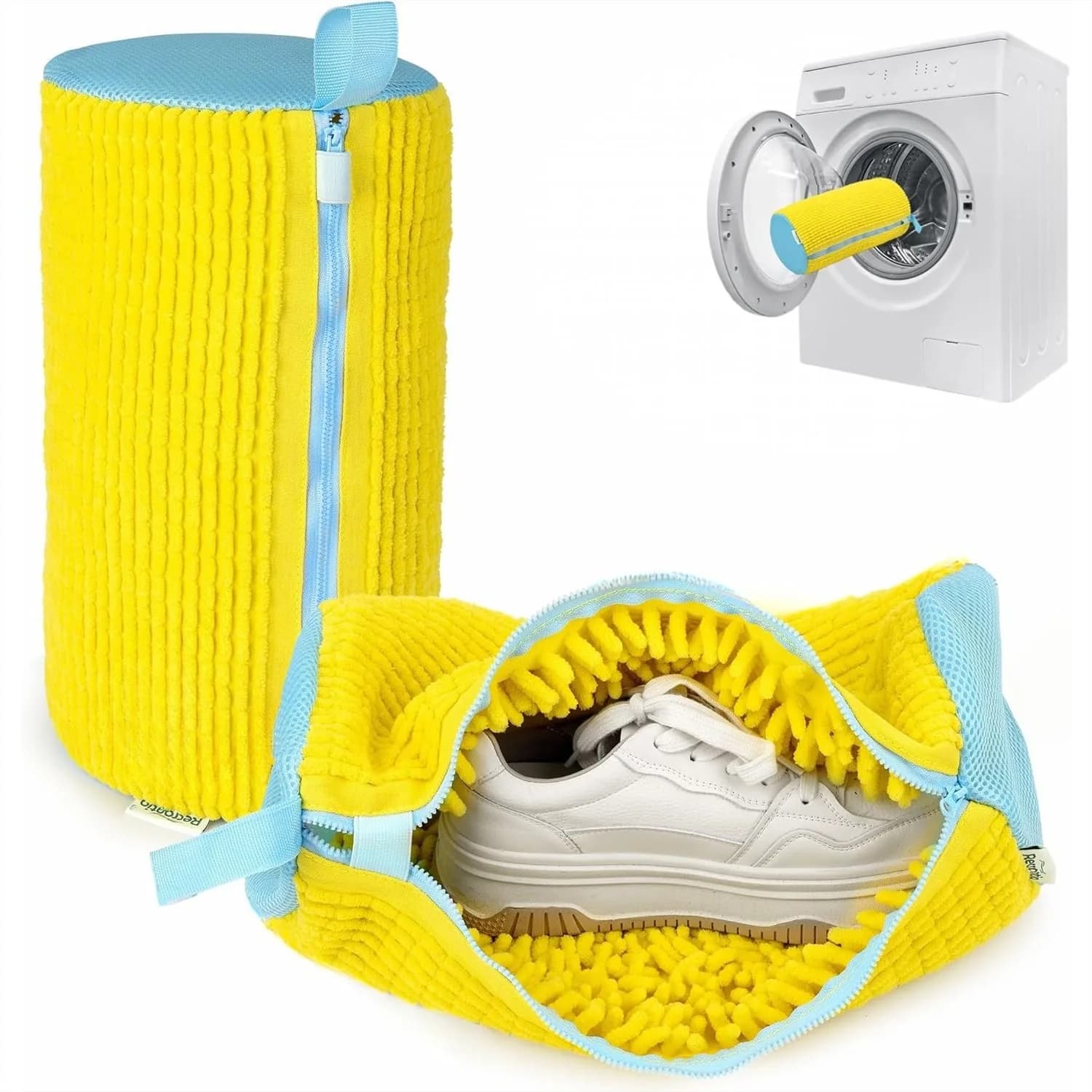 Set di 2 sacchi per lavatrice per scarpe, 360 ° Sacchetto per lavaggio scarpe da ginnastica Deep Clean, riutilizzabile per lavatrice con cerniera YKK, giallo