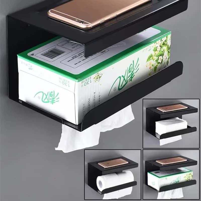 Portarotolo da Bagno in Alluminio Nero Antiruggine con Mensola Porta Telefono, Porta Carta Igienica da Parete, Organizzatore per Scatole di Fazzoletti
