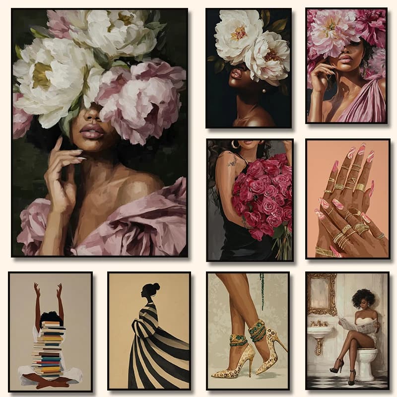 Black Woman Floral Hair Pink Peony Crown Reading Nails Jewelry Poster Canvas Painting Print Wall Art Picture Room Home Decor