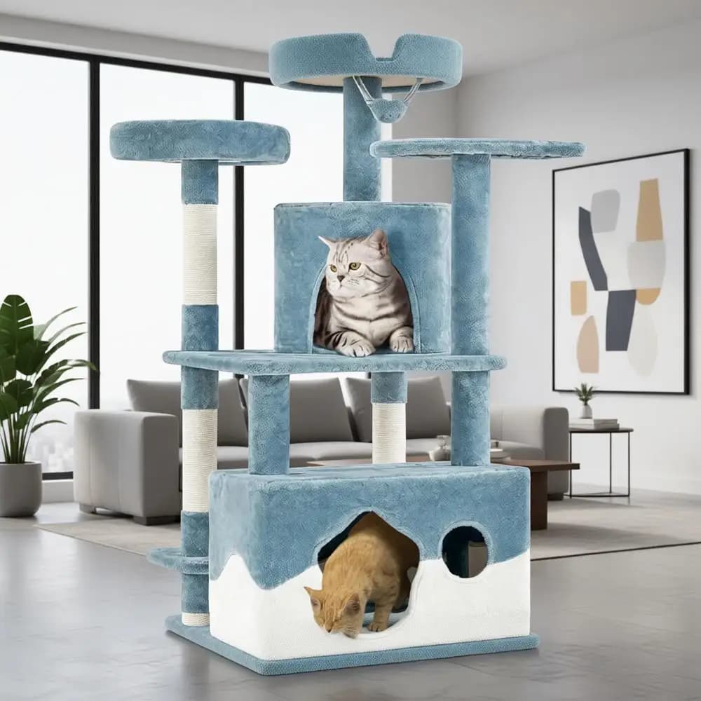 Albero per gatti multilivello 72.5 ispirato all'oceano con letto di squalo, 2 condotti, 2 posatoi e giocattoli, blu e bianco