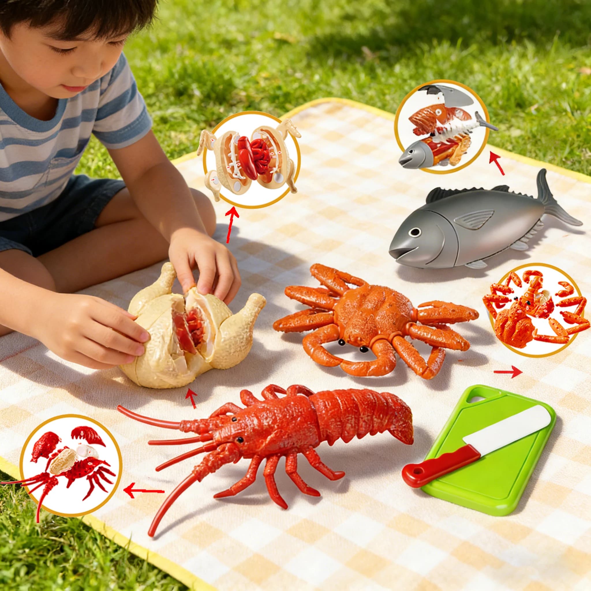Set Giocattolo Cucina per Bambini con Aragosta, Granchio, Pesce e Pollo Simulati, Divertente Gioco di Taglio Alimenti, Modello DIY di Grandi Dimensioni con Accessori per Bambini