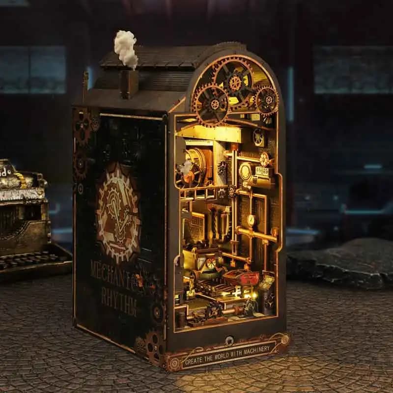 Mechanical Workshop Wooden Miniature Doll House DIY Book Nook Kit 3D Puzzle Bookend Toy Bookshelf Insert For Xmas Birthday Gifts