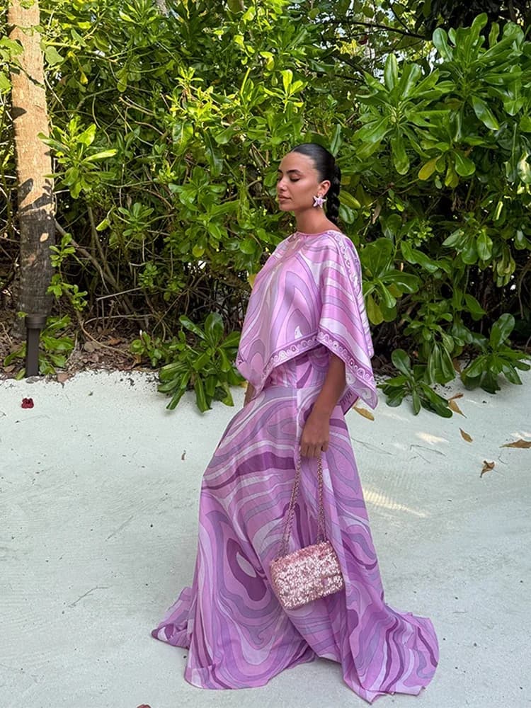 Loose Printed Shirt Skirt Suits Women Beach Irregular Full Sleeve Top Female Sets 2026 High Waisted Long Skirt Ladies Outfits