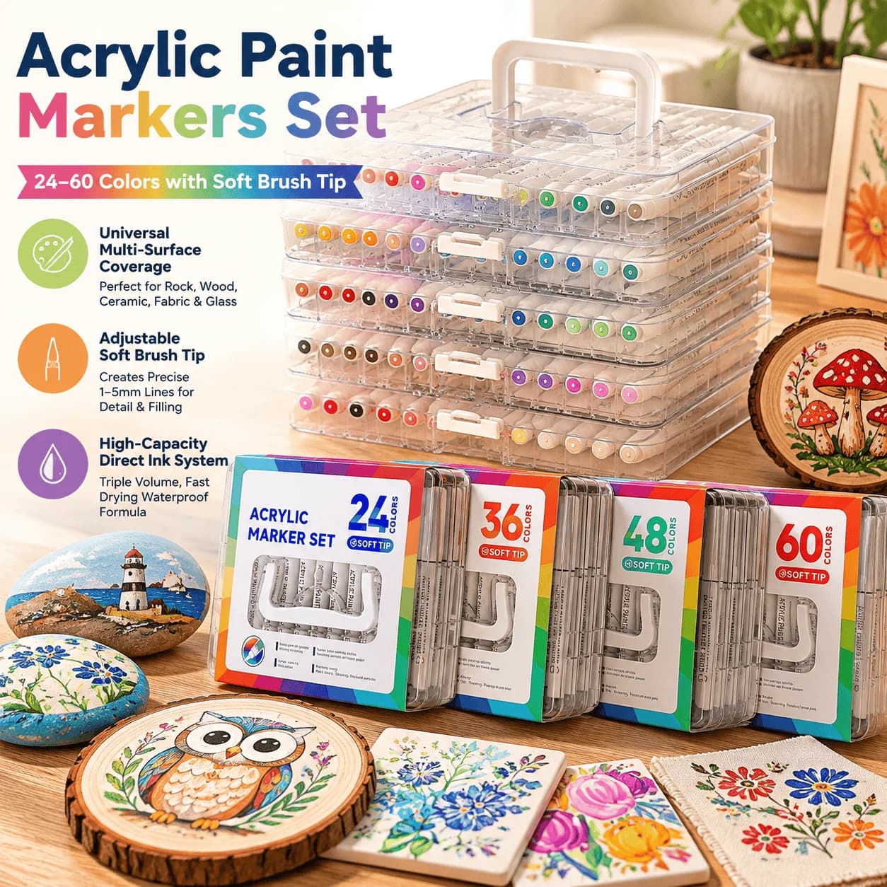 Acrylic Paint Markers Permanent Fabric Rock Ceramic Pens Soft Brush Tip Waterproof Art Craft Supplies DIY Painting Wood & Glass