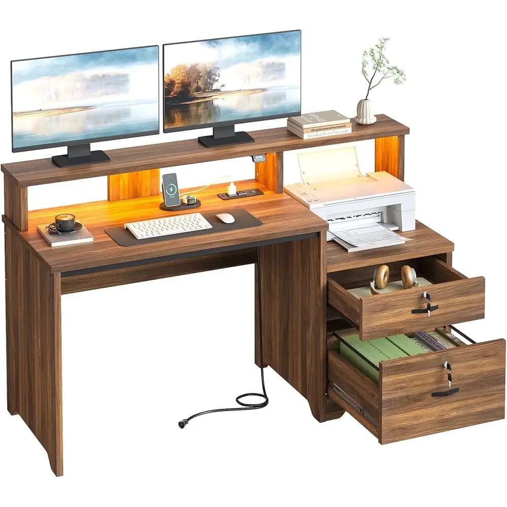 Scrivania per Computer 55 Walnut con Cassetto Bloccabile, Stazione di Ricarica, Luci LED, Ripiani Portaoggetti, Ripiano per Stampante e Supporto Monitor