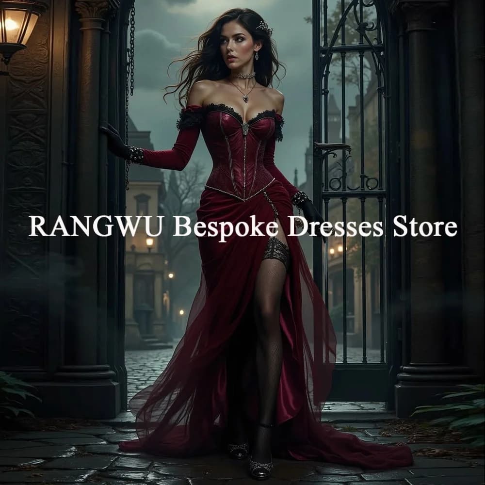 Abito da Sposa Gotico Rosso Stile Vampiro con Spacco, Elegante Abito Nuziale a Maniche Lunghe per Matrimonio Civile 2026, Personalizzabile in Stile Medievale