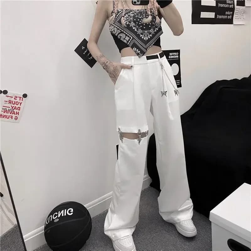2025 Harajuku Streetwear Women Pant with Belt Chain Hip Hop Loose Hollow Pants Woman Summer Design Straight Leg Trousers