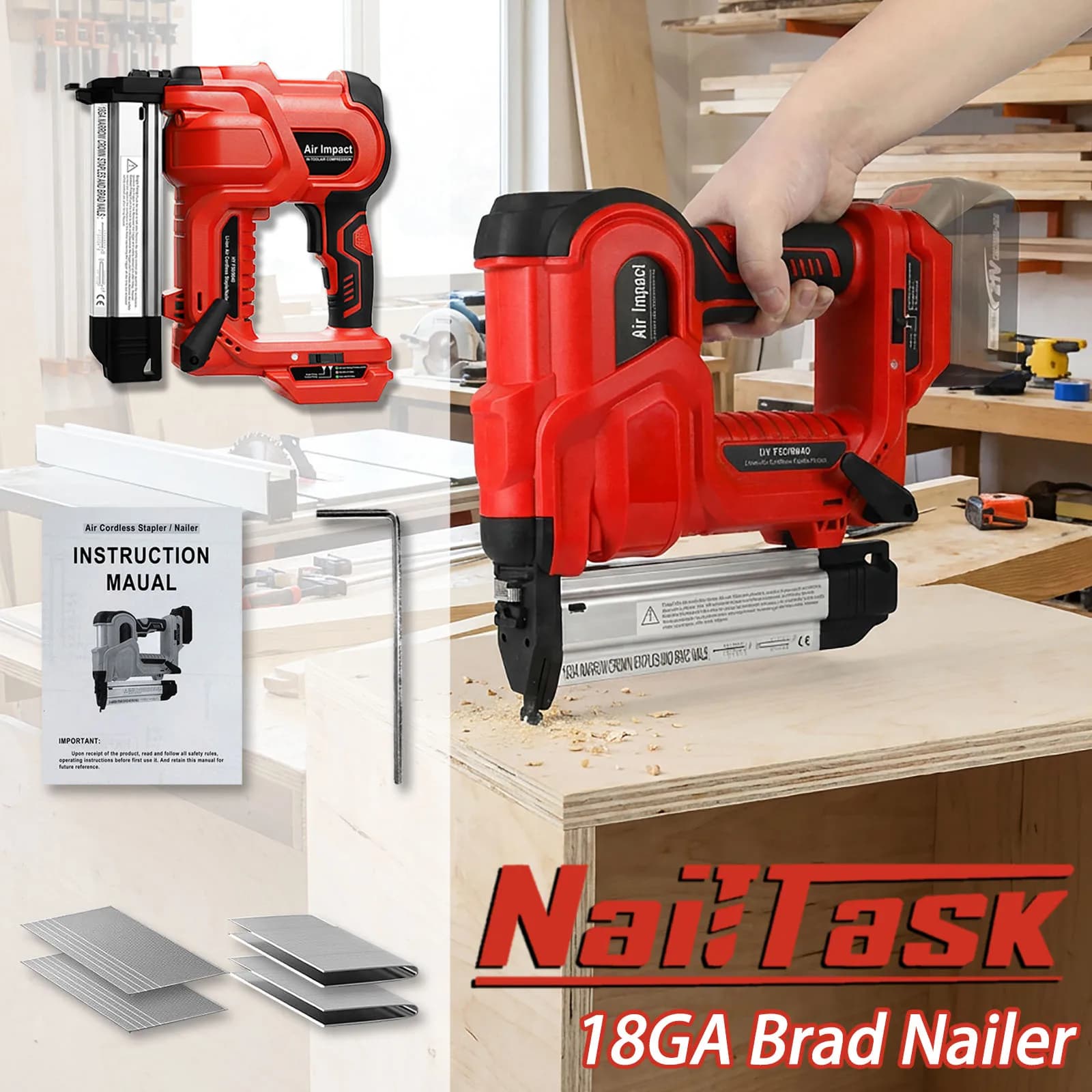 NailTask Chiodatrice e Graffatrice Elettrica 2-in-1 Senza Fili 21V 18GA per Lavorazione del Legno e Artigianato (Batteria Non Inclusa)