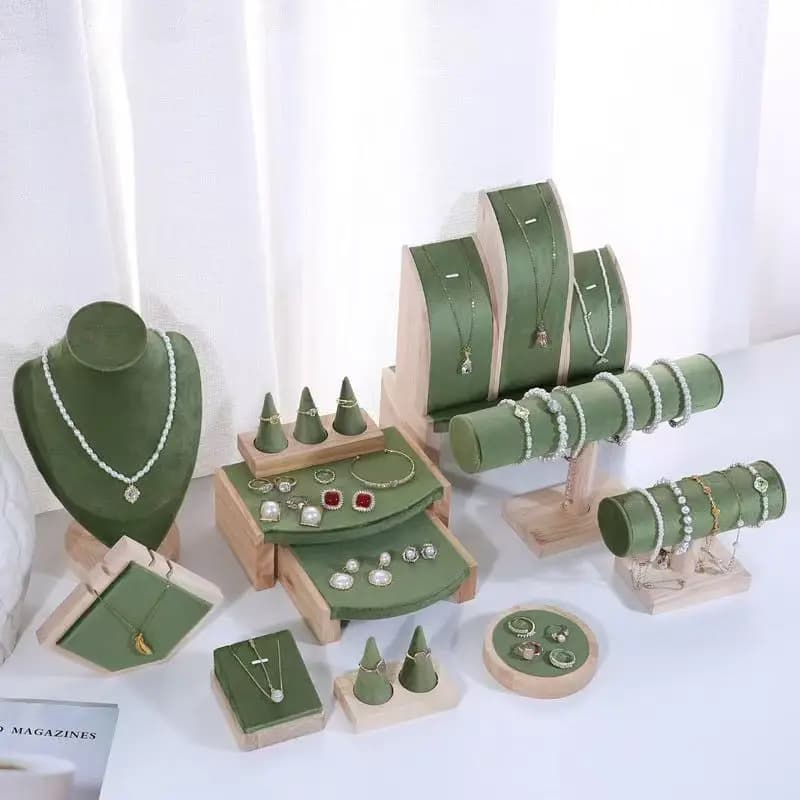 Espositore per Gioielli Serie Velluto Verde Lusso Leggero, Supporto per Collane, Bracciali, Orecchini e Anelli, Espositore da Banco per Vetrina