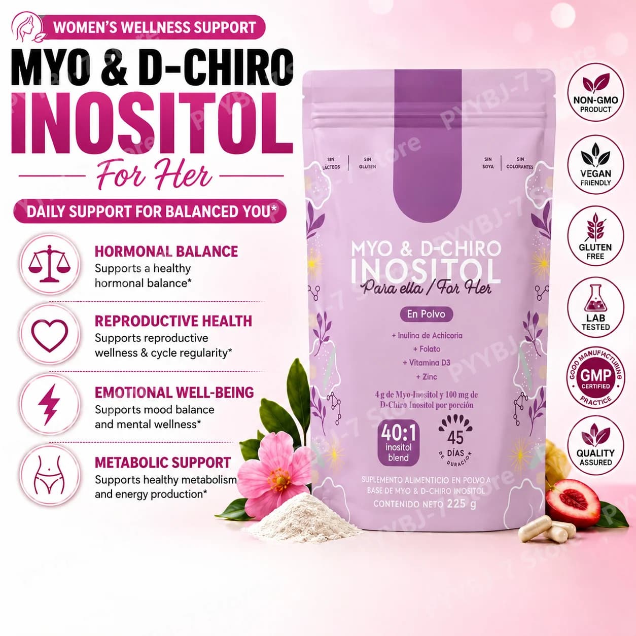 Integratore Alimentare per il Benessere Femminile: Miscela in Polvere di Mio-Inositolo e D-Chiro Inositolo 40:1, con Folato, Vitamina D3 e Zinco, 225g