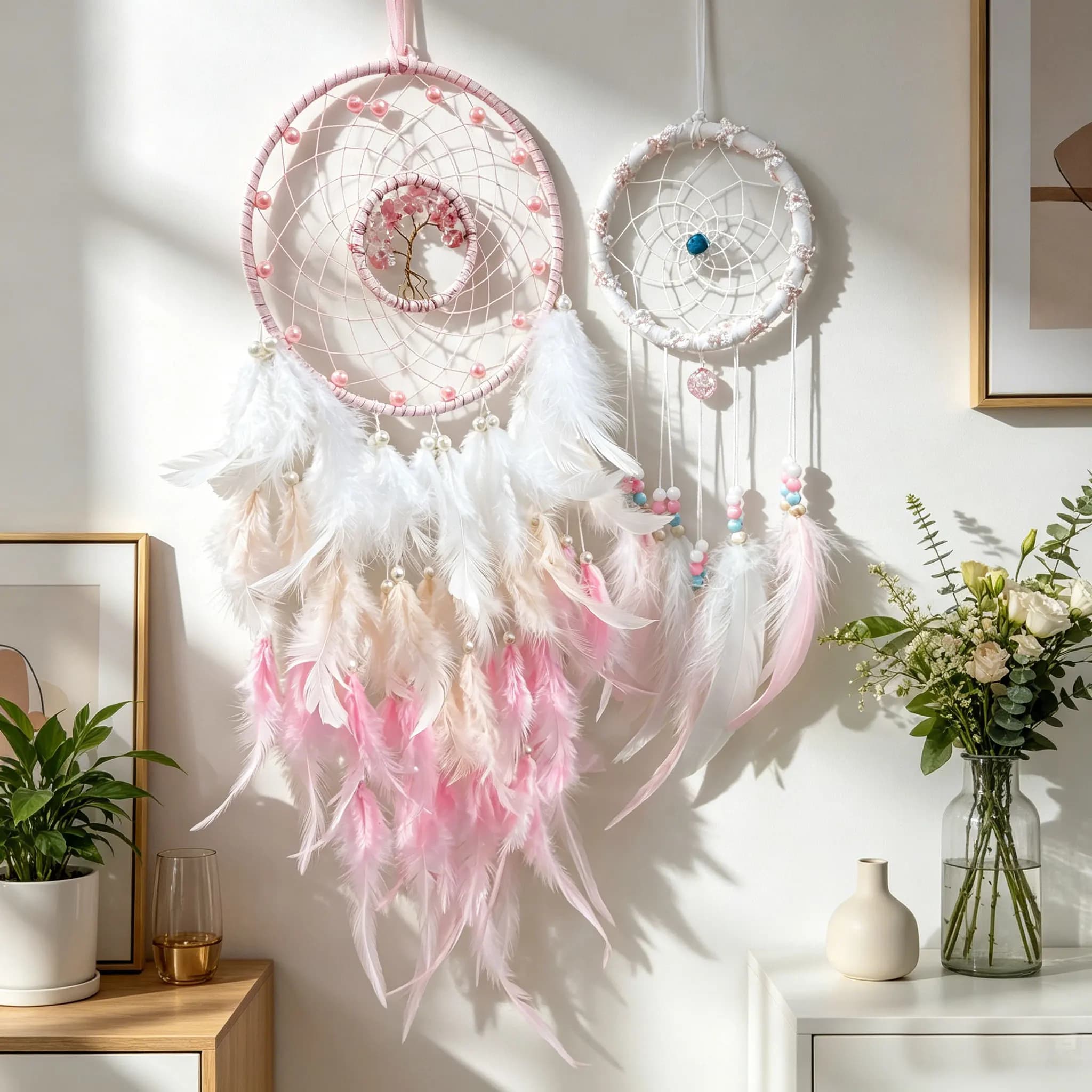 Bohemian 2Pcs Dreamcatcher Wall Hanging Natural Feather Pearl Crystal Tree of Life Home Decoration Gift for Girls Women Wedding