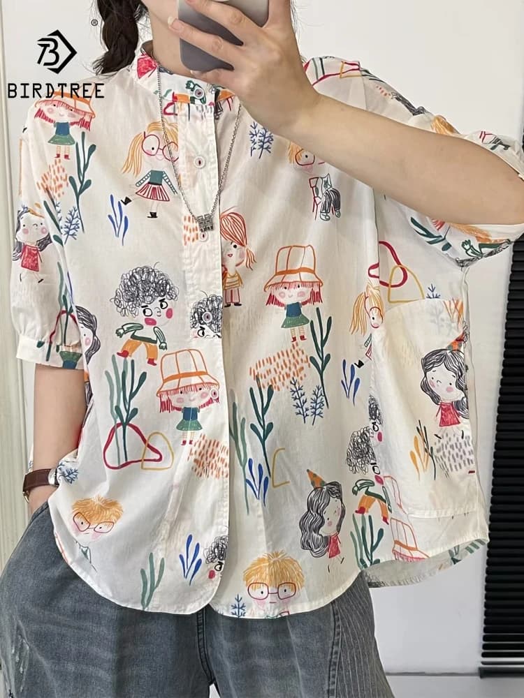 Nuova Camicia Estiva 2026 da Donna in Cotone a Maniche Corte, Stampa Cartoon Graffiti, Blusa Larga Stile Mori Girl per il Lavoro T64887CC