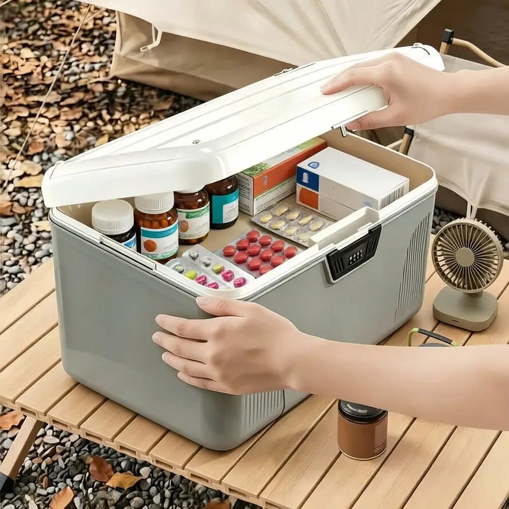 Outdoor DoubleLayer Medicine Storage Box Pill Organizer With 4Digit Combination Lock, MultiFunctional Car First Aid Kit, Detach