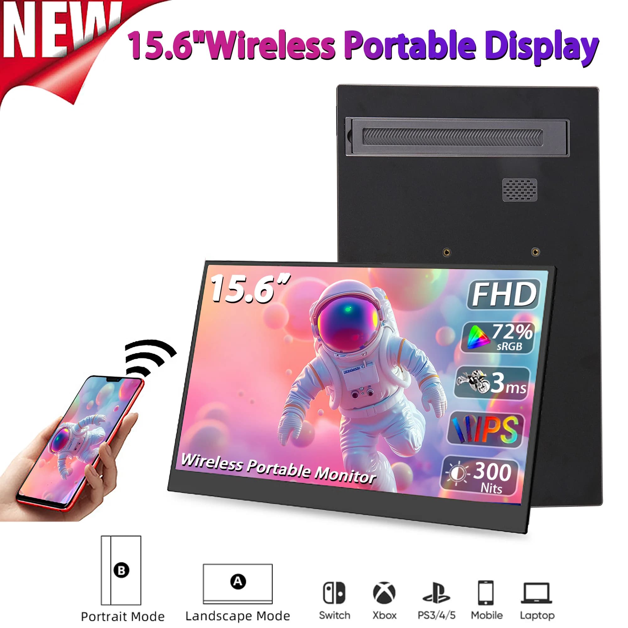NEW HDR display for portable monitor with 15.6 inch wireless connection with VESA and 178 ° support Adjustable for XBox PS4/5 Switch laptop