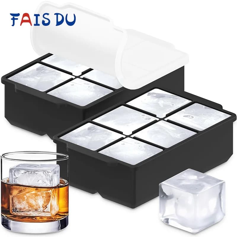 Set di 2 Grandi Stampi per Cubetti di Ghiaccio in Silicone con Coperchio, Riutilizzabili, Facili da Sformare, Cubetti Quadrati da 2 Pollici per Cocktail e Whisky, Nero