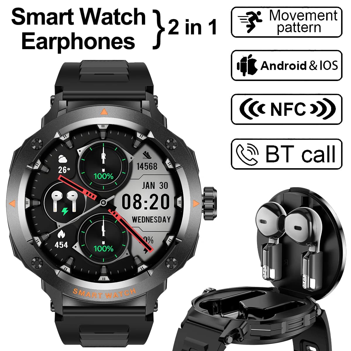 NFC Smart Watch Wireless Headset 2 in1 Bluetooth Call Smart Men's Watches Cardiofrequency Meter Music Play Smartwatch Headphones