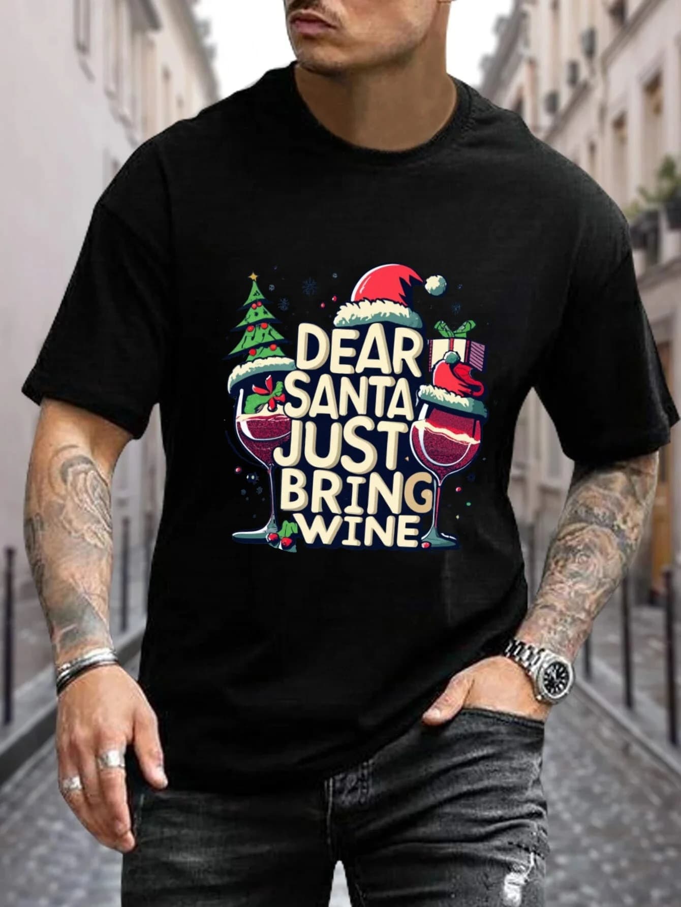 T-shirt grafica da uomo "Dear Santa Just Bring Wine", girocollo in cotone nero SS, cappello da Babbo Natale/stampa albero, abbigliamento per le vacanze per adulti