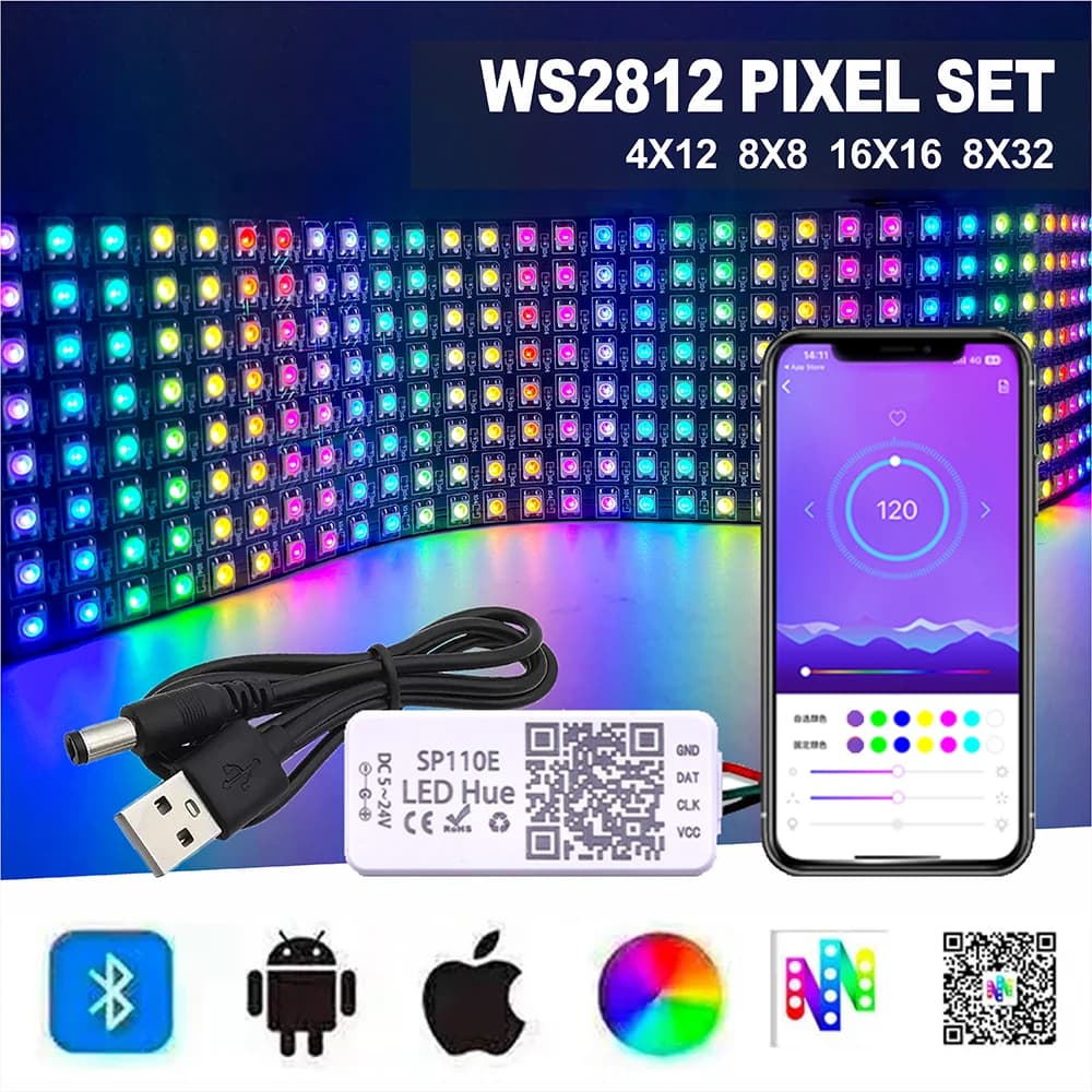 Kit LED Pixel 5v USB WS2812B SP110E con Connettore Indirizzabile Individualmente e Controller Bluetooth APP SP110E 4×12 8×8 16×16 8×32