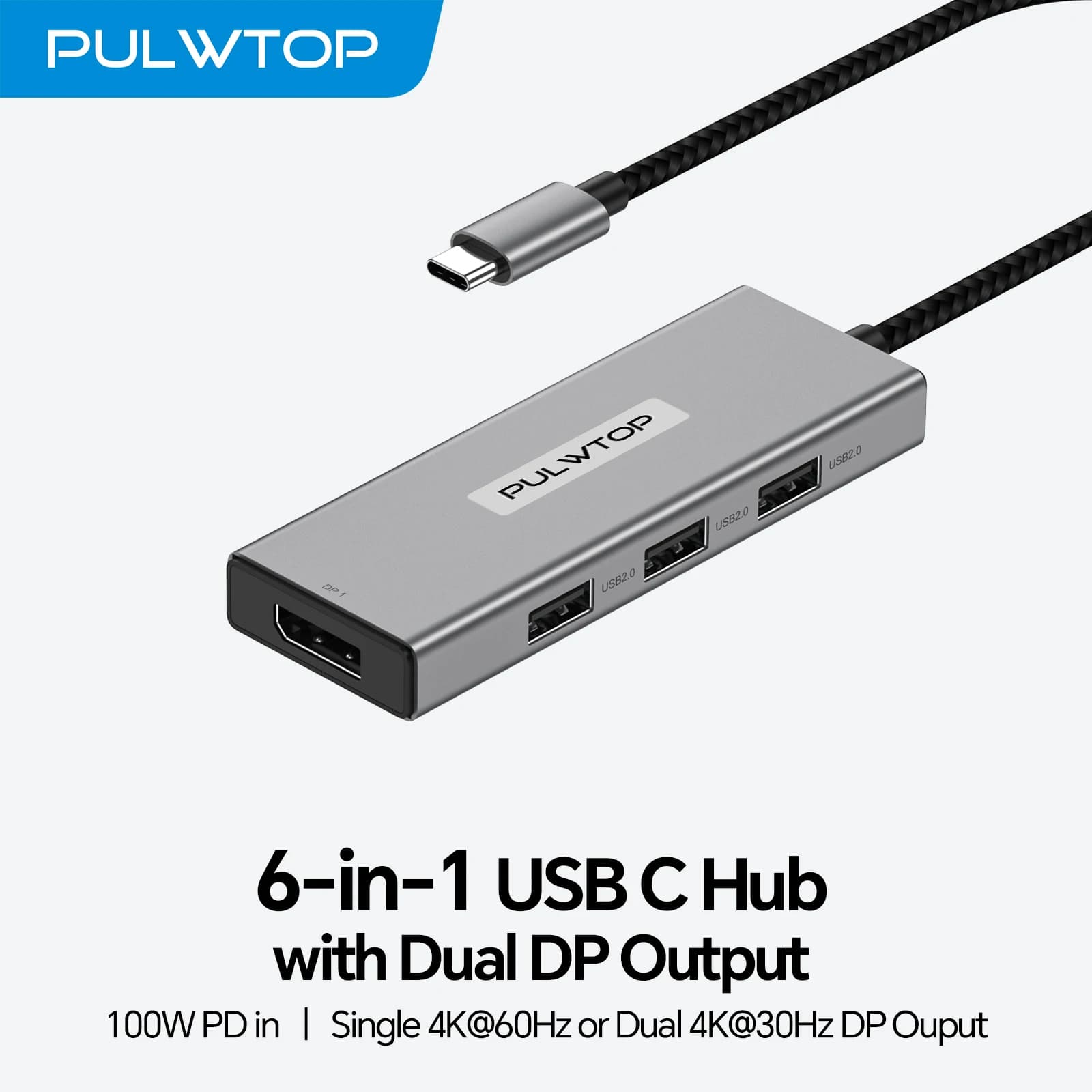 Docking Station PULWTOP per Laptop, Adattatore per Doppio Monitor, Hub USB C con 2 DP, 3 USB 2.0, PD 100W, per MacBook/Dell/HP