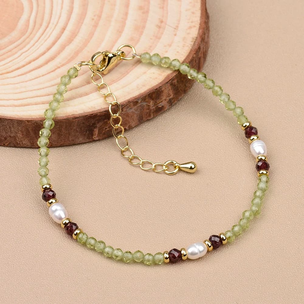3MM Nature Stone Peridot Garnet and Freshwater Pearl Bracelet Gemstone Bracelet For Women