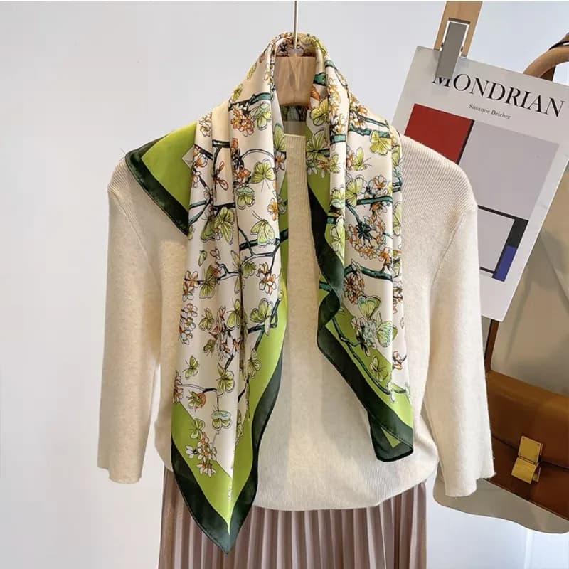 70cm Green Floral Butterfly Scarf Women's Imitation Silk Fresh and Versatile Thin Silk Scarveshigh-end Headscarf Neck Scarf