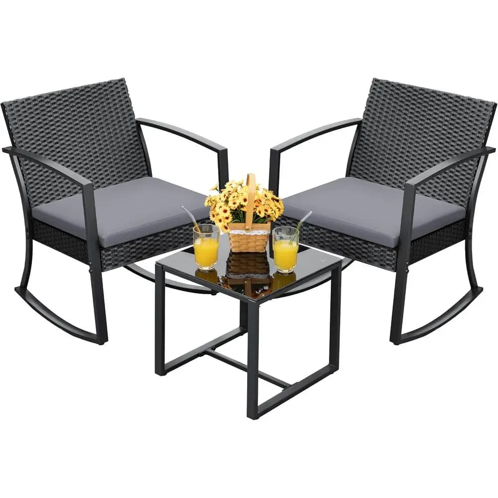 Set di sedie a dondolo da giardino in 3 pezzi per tutte le stagioni con cuscini e tavolino (grigio)