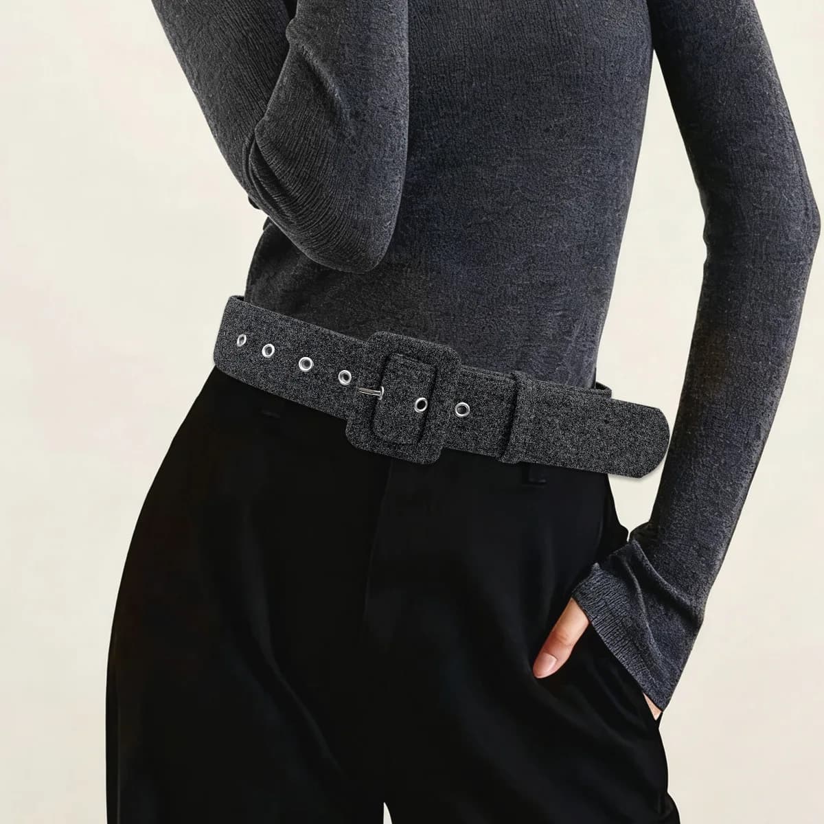 Women's Coat with Belt Sweater Simple and Fashionable High-end Decorated with Belt with Grey Wool Buckle Design Leather Suede