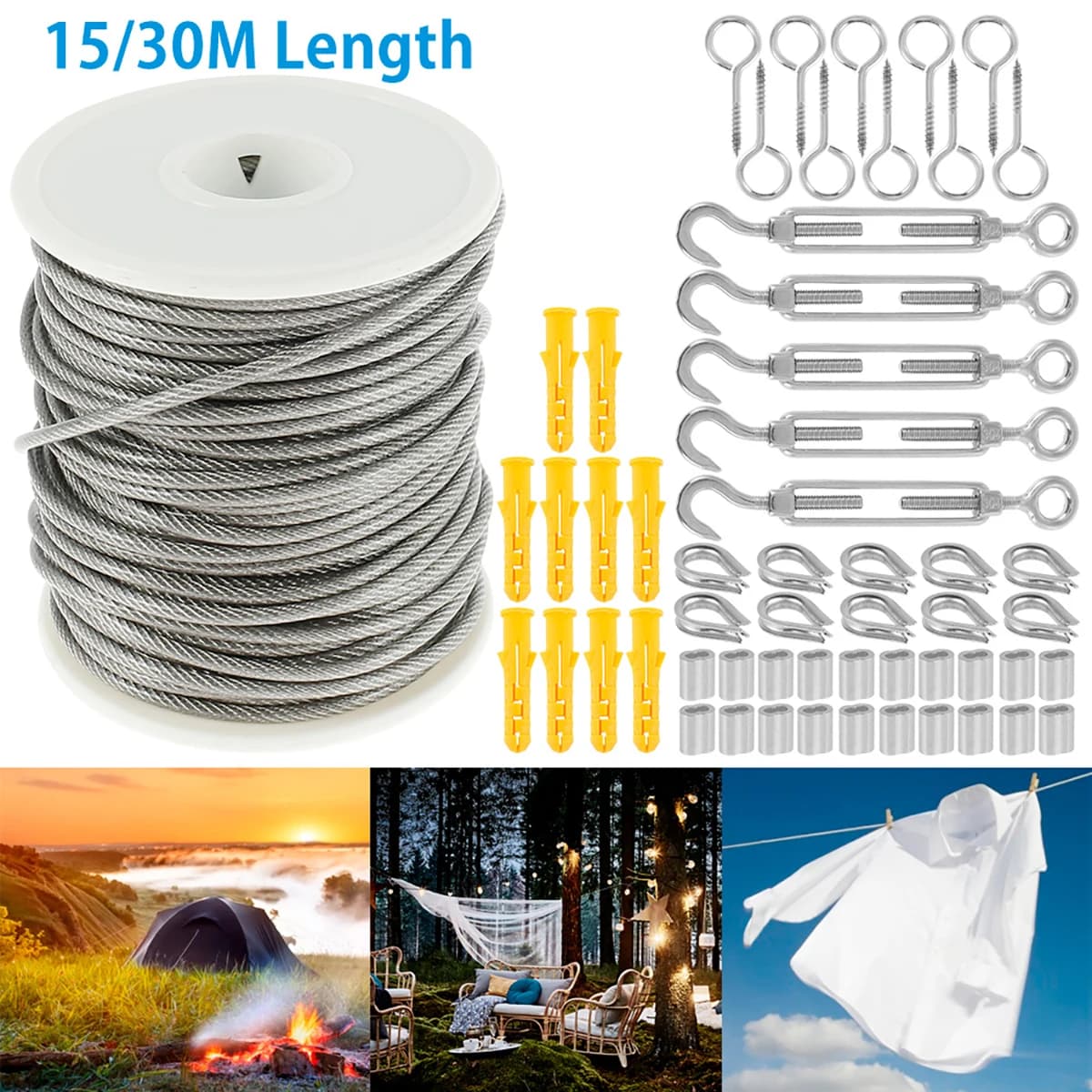 15/30M Stainless Steel Cable PVC Coated Corda Garden Cable Curtain Cords Set of Multifunction Slitting Rolls with Screw