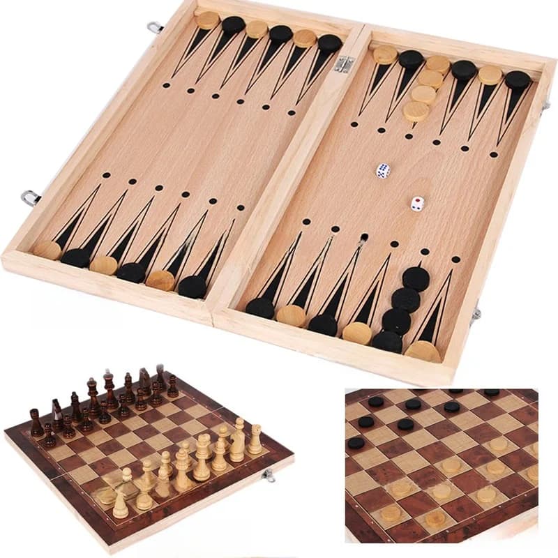 Set di Scacchi Extra Large in Legno 3-in-1 per Studenti e Adulti, Pieghevole, Ecologico, Gioco di Dama per Bambini, Pezzi Non Magnetici