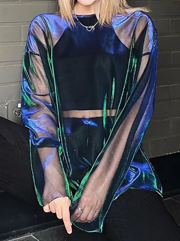 Solido Vedere Attraverso Maglietta Delle Donne Sexy Magliette E Camicette O-Collo Manica Lunga T-Shirt di Grandi Dimensioni Per Le Donne Abbigliamento Club Y2k Estetica Egirl Magliette