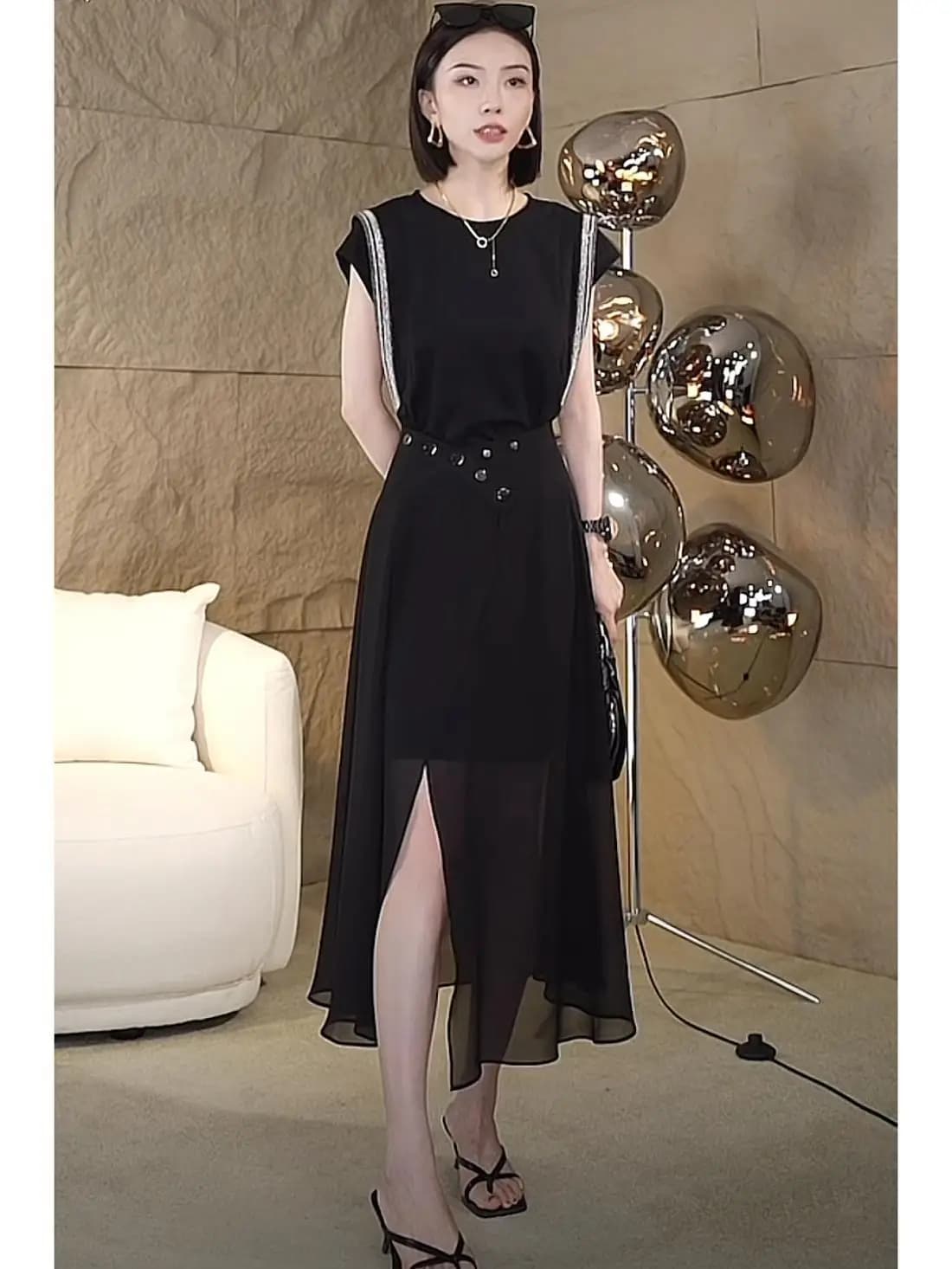 Black Two-Piece Set Women's Summer Design Sensation Slimming Waist Concealing Meat Dress Long Skirt Polyester Fiber T-Shirt