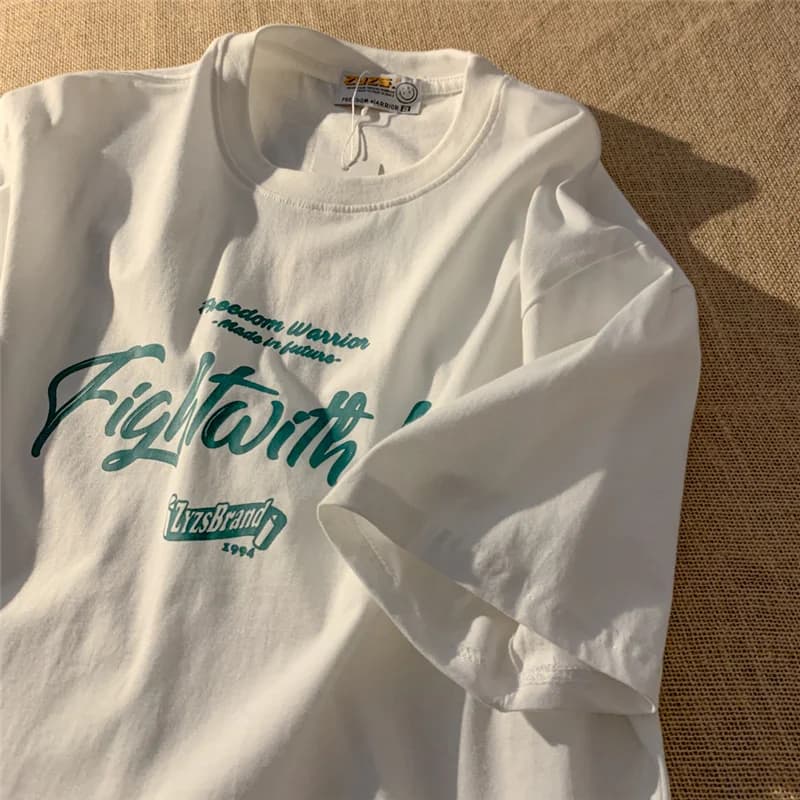 Loose Sleeveless Retro Hong Kong Style Women's T-shirt Summer Chic Casual Top Cotton Short Sleeve round Neck Print Tee