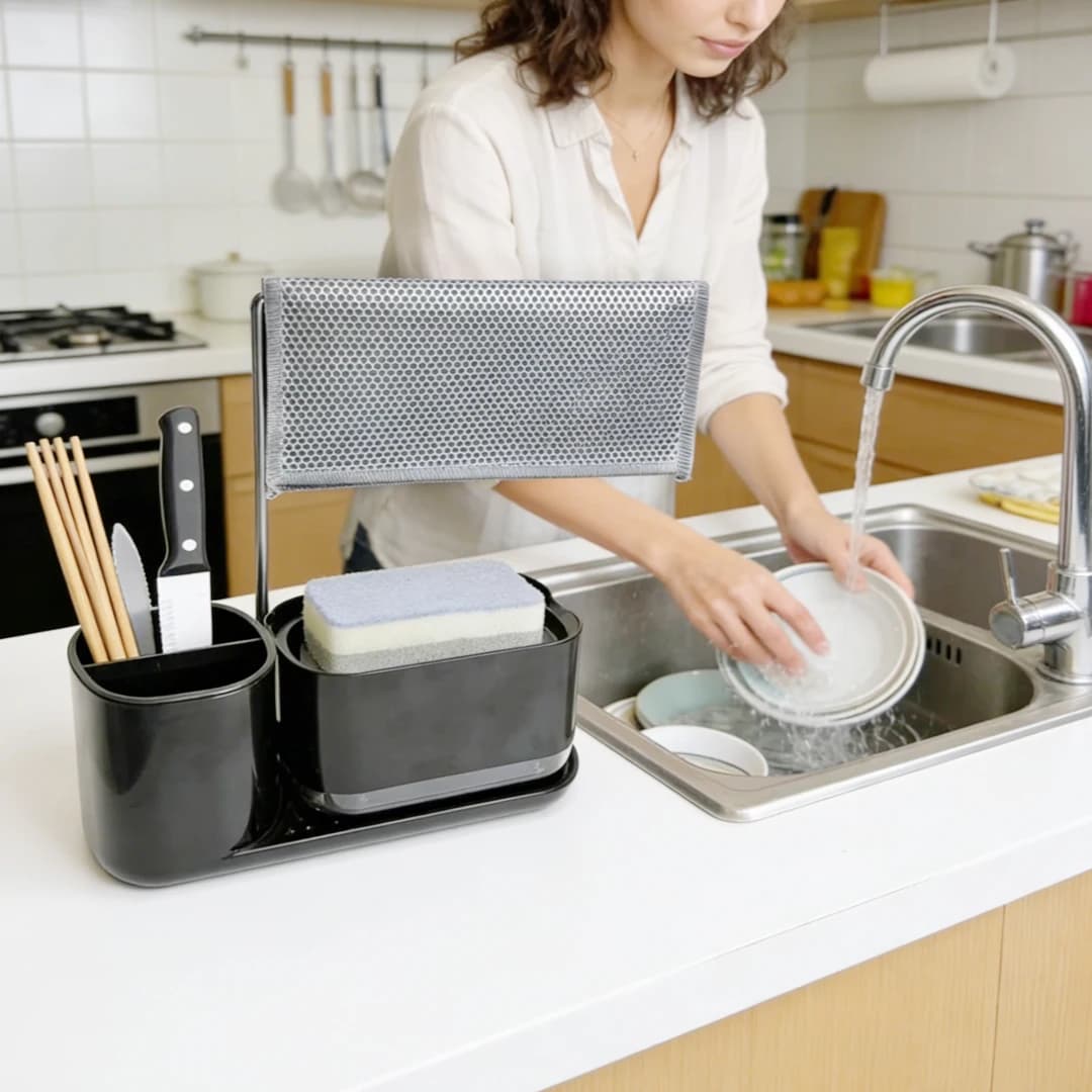 Press-Type Dish Soap Bottle Set, Countertop Storage Rack with Sponge Holder, Kitchen Sink Drain Tray Soap Dispenser, Includes Cleaning Cloth, Sponge, and Knife Sharpener
