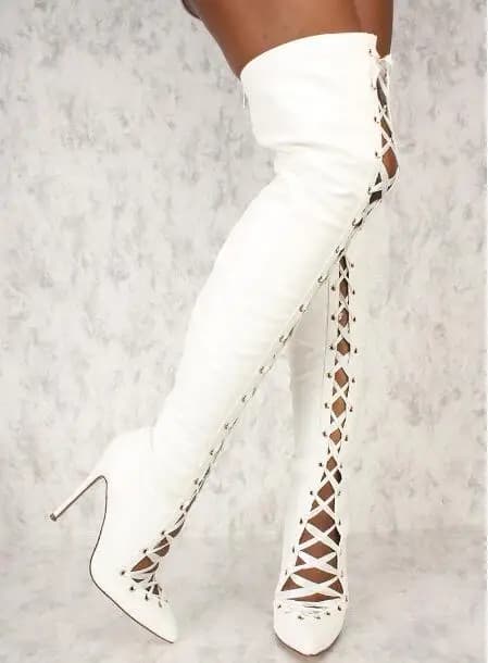Fashion Women White Black Solid Suede Cross Tied Lace Up Ribbons Over The Knee Boots Lady Pointed Toe Slim Thigh Boots Botas