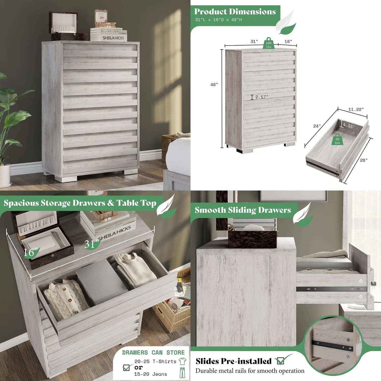 Cassettiera a 5 cassetti per camera da letto, cassettiera alta 47 pollici con maniglie a doghe, cassettiera in legno stile rustico per camera da letto, personalizzabile