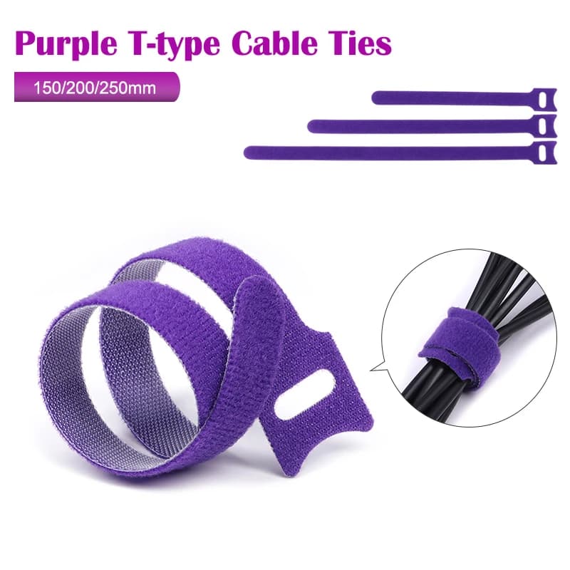 Purple T-type Cable Ties Plastic Releasable Nylon Hook Loop Wrap Zip Bundle Fastener Straps Detachable Wire Organizer Strap