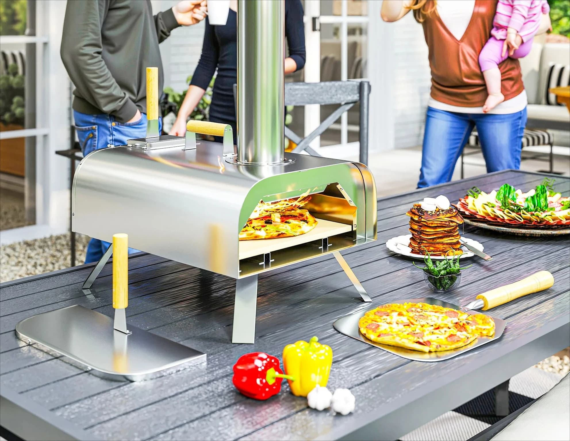 Factory Direct 2026 Outsunny portable outdoor wood- or pellet-fired pizza oven with pizza stone, foldable legs, and stainless