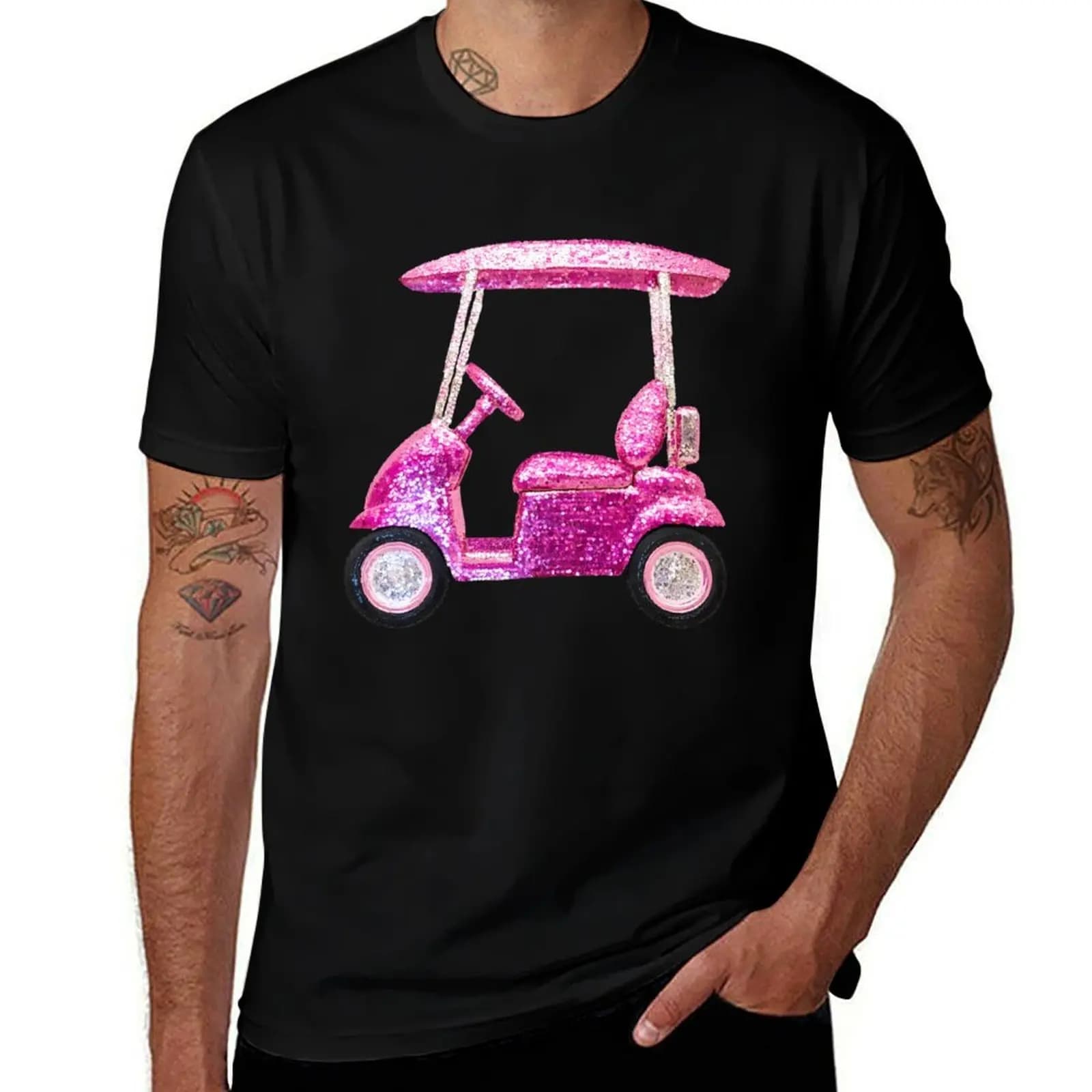 T-shirt rosa con paillettes Golf Cart, top casual a maniche corte in stile urbano