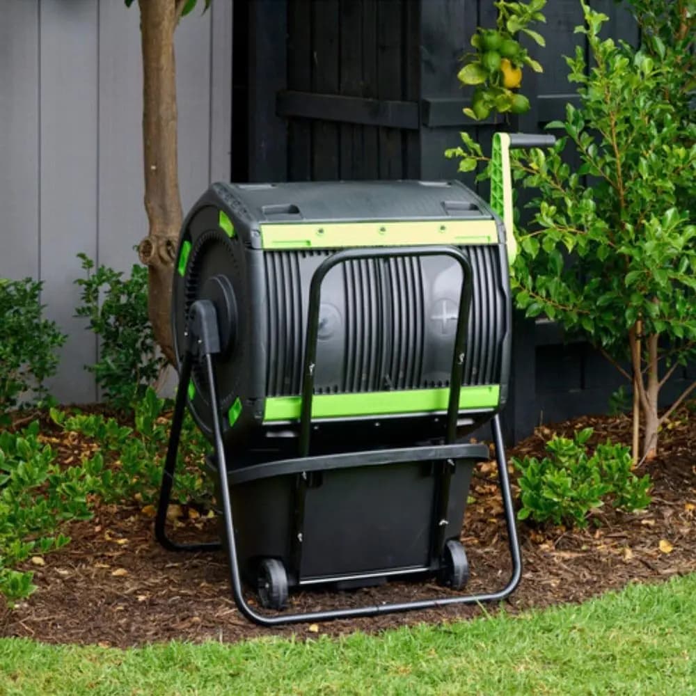 Girarrosto per compost a doppio piano da 48 galloni con carrello con rotelle