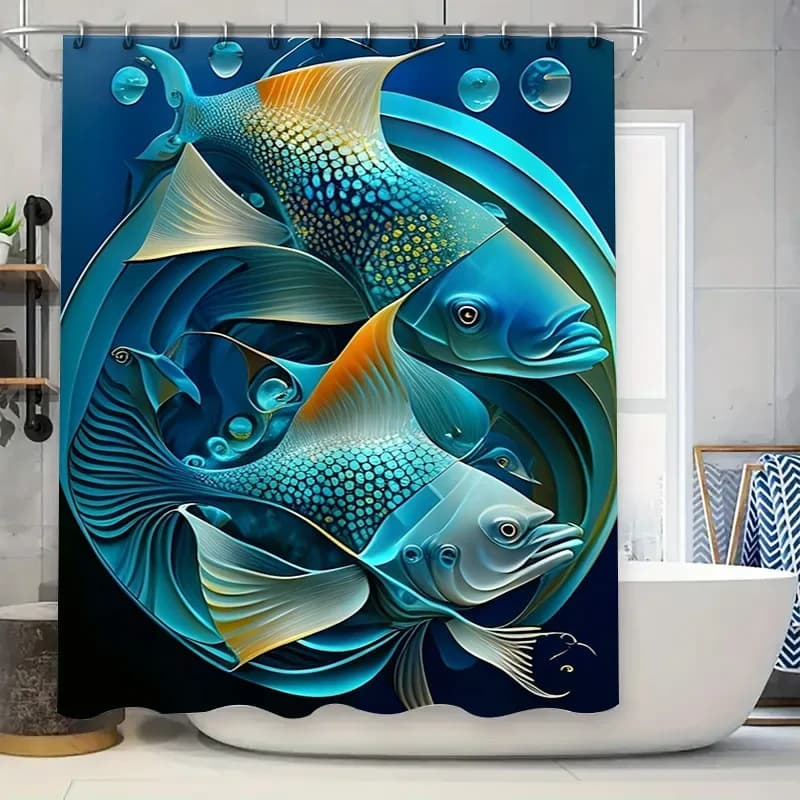 Tenda da doccia con stampa di pesci blu, decorazione moderna per il bagno artistica ad acquerello per la decorazione domestica