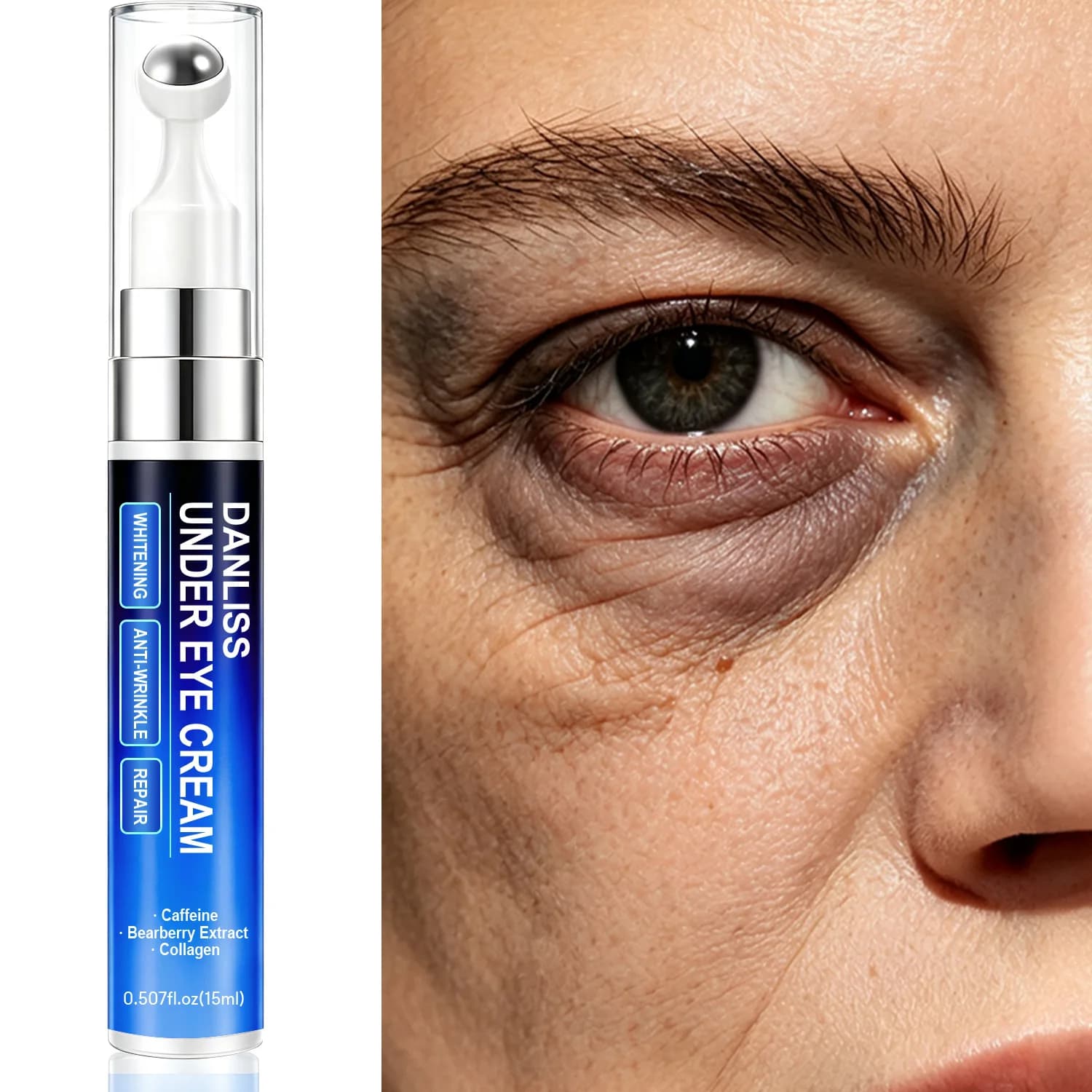 360° Rotating Eye Cream Massager Set - Anti-Aging Skincare with Caffeine & Collagen, Firming Roller for Wrinkle Reduction.