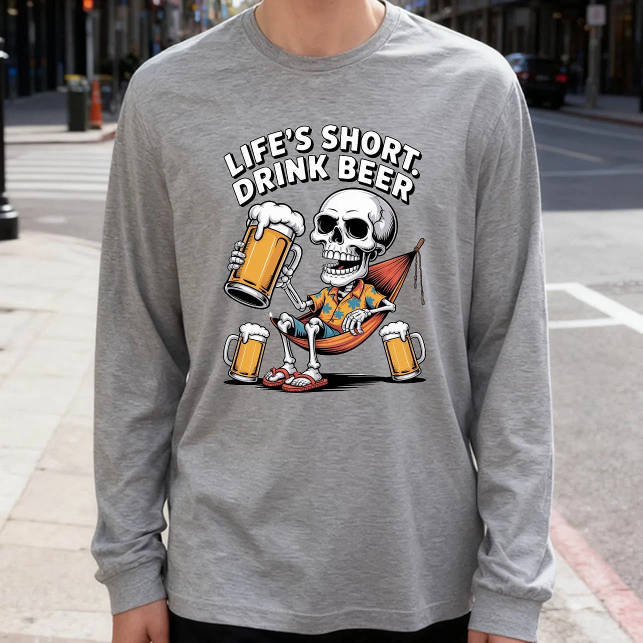 Life's Short Drink Beer 180g Long Sleeved T-shirt 100% cotton printed casual crew neck to wear every day soft and breathable